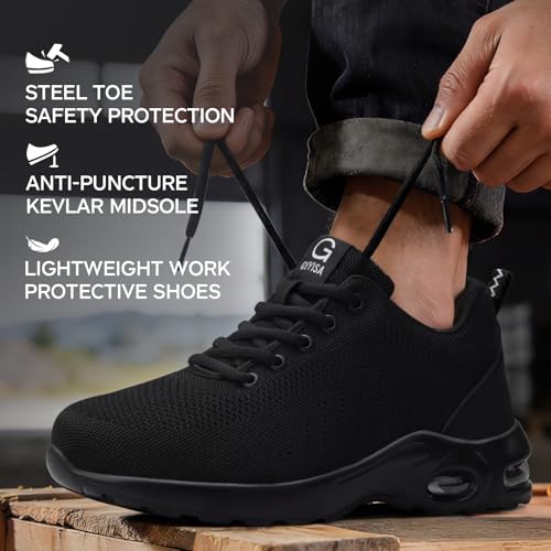 Image of GLANOUDUN Steel Toe Work Shoes for Men, Lightweight Black Work Shoes with Puncture Resistant Midsole, Comfortable Safety Footwear for Warehouse Construction