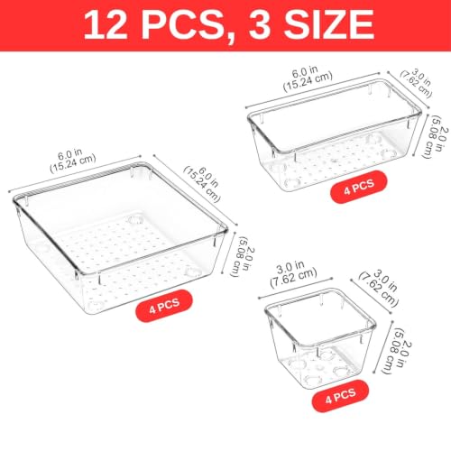 Image of Aliensware 12Pcs Transparent Drawer Organizer, Versatile Bathroom and Vanity Organiser,Storage Bins for Makeup Cosmetics,Jewellery,Kitchen,Bathroom,Bedroom,Office,Gadget
