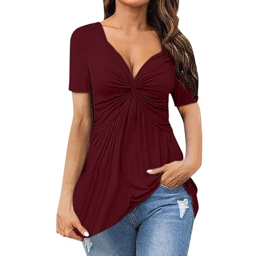 Camiseta de manga corta para mujer, con nudo frontal, cuello en V, túnica de gran tamaño, camiseta de verano para mujer, Vino, M