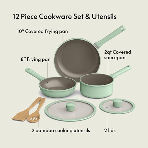 Image of bella 7 Piece Cookware Set with EverGood Ceramic Nonstick Coating, Dishwasher Safe Oven Safe, All Stovetops Compatible, Glass Lids with Silicone Rims, Cool Touch Handles, Seaglass