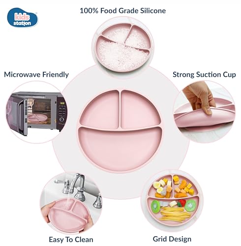 Image of Kids Station 3 Piece BPA-Free Silicone Baby Feeding Set - Baby Plate - Spoon and Bowl - Make Mealtime Fun - Microwave Safe - Unbreakable Eco-Friendly - Organic & Natural (Plate (Set of 3), Light Pink)