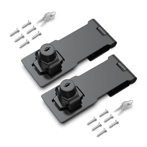 Image of 4 Inch Keyed Hasp Lock for Cabinets & Small Doors, Twist Knob Design, Heavy Duty Zinc Alloy with Chrome-Plated Iron, Includes Keys & Screws - Black, 2 Pack