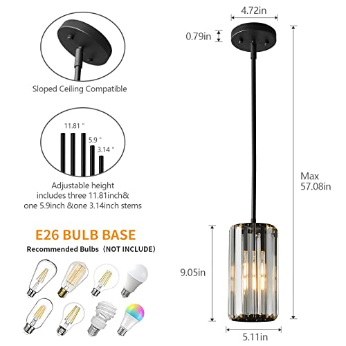 Image of Black Pendant Lighting Modern Pendant Light Mini Crystal Chandeliers Adjustable Pendant Light Fixture for Kitchen Island Dinning Room Corridor Bedroom(Black 1-Light)
