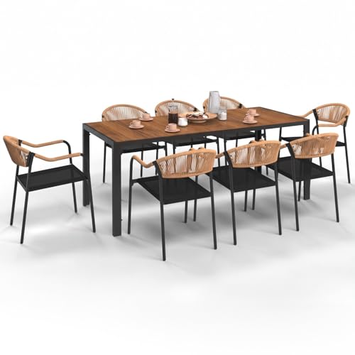 IDMarket - Salon de Jardin Madeira Table 190 cm et 8 chaises Cordage et textilène Noir et rotin Clair