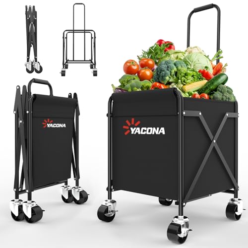 Folding Shopping Cart for Groceries, Grocery Cart on Wheels, 360°Rolling Swivel Wheels and 4 Basket, Portable Heavy Duty Utility Cart for Shopping, Grocery, Laundry (Medium)