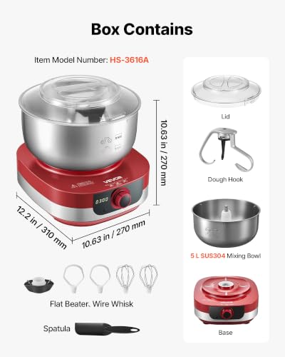 Image of VEVOR 5.3 Qt Electric Dough Maker 500W Stand Mixer Removable Lid, Stepless Speed Adjustment Food Kitchen Mixer with Stainless Steel Bowl, Dough Hook, Whisk, Beater, for Pizza Bread Pasta Mochi