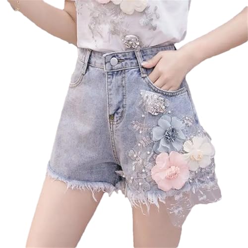 Short d'été en jean droit femme taille haute look floral décontracté en L
