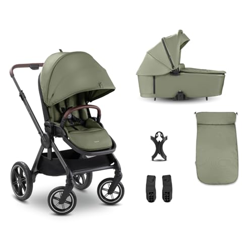 hauck Comfort N Care Set Cochecito 2in1 | Carrito Bebé desde Nacimiento hasta 22 kg - Capazo XL - Ruedas de Goma con Suspensión - Silla de Paseo Ligera Reversible y Reclinable - con Adaptador - Oliva