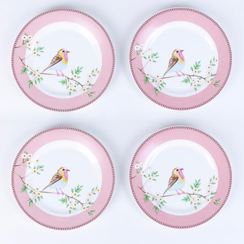 Image of GOLDEN QUEEN'S Handcrafted 12 Pieces Dinner Set | 4 Dinner Plates, 4 Small Bowls & 4 Snack Plates | Perfect for Hosting Guests and Daily Meals - Birdie in Pink Dinnerware