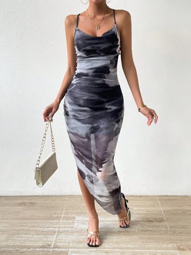 Image of LIGHT DOT Women's Spaghetti Strap Printed Bodycon Ruched Midi Cocktail Dress Sexy Cowl Neck Tie Dye
