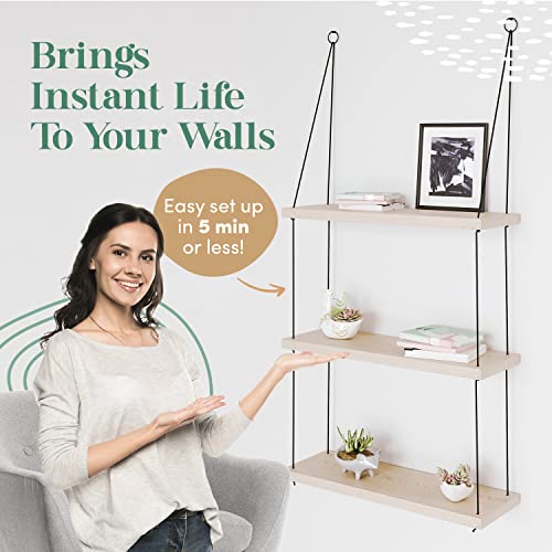 Omysa Hanging Shelves For Wall - 3 Tier Hanging Plant Shelf - Cute Boho Room Decor For Bedroom, Bathroom, Living Room - Rope Farmhouse Wooden Floating Small Bookshelves - Window, Macrame - Natural #TOP3
