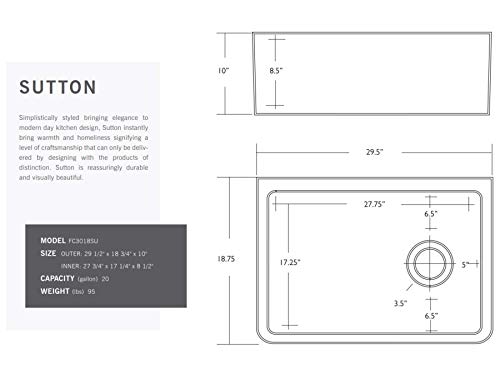 Fine Fixtures Sutton Fireclay Sink, 30" Apron Front Farmhouse Kitchen Sink. Solid (Not Hollow) #TOP5