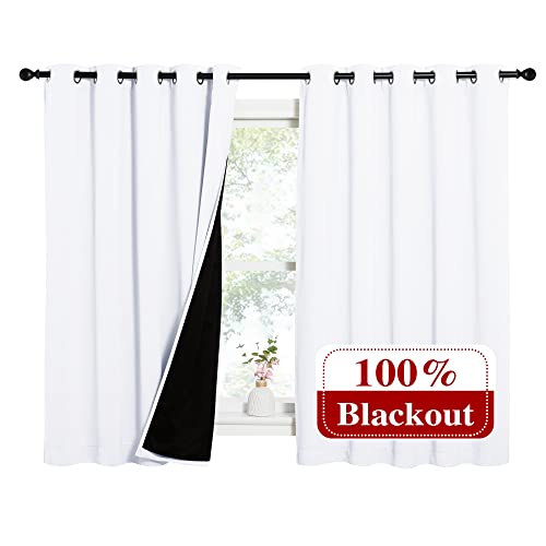 Image of NICETOWN White 100% Blackout Lined Curtains, 2 Thick Layers Completely Blackout Window Treatment Thermal Insulated Drapes for Kitchen /Bedroom (1 Pair, 62 inches Width x 63 inches Length Each Panel)
