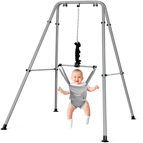 Image of Cowiewie 2 in 1 Baby Jumper, with Strong Support Stand and Baby Walking Harness Function, Fun Activity for 6-24 Months Baby Infant, Gray