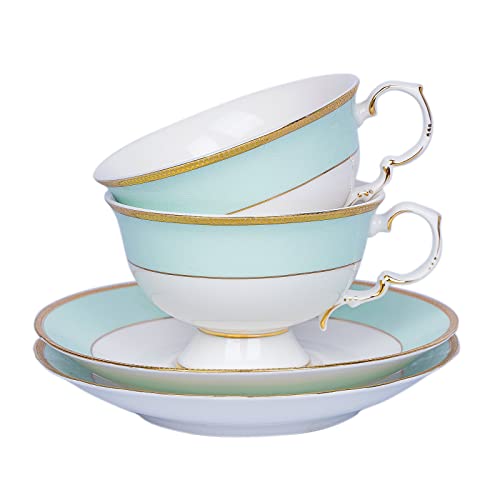Taimei Teatime Porcelain Cup and Saucer 8 oz with Spoon, Set of 2, European Vintage Coffee Cup Set with Textured Floral Pattern and Gold Trim, Tea Cup for Cappuccino, Latte and Afternoon Tea (Green)