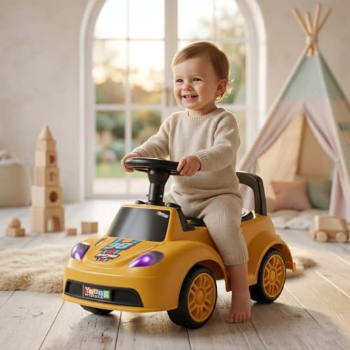 Image of Kids Ride On Yellow Car for Toddlers with Steering Wheel & Backrest | Foot to Floor Baby Push Car | Indoor Outdoor | Strong Wheels & Comfortable Seat | Racing Design for Boys & Girls (1-3 Years)
