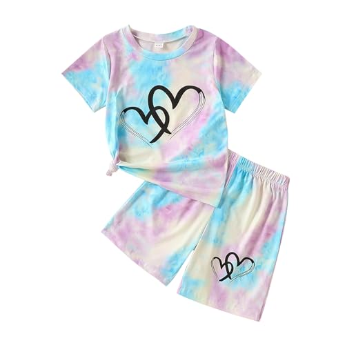 Image of Kids Girl Clothes Tie Dye Heart Print Short Sleeve Top and Shorts Toddler Girl Summer Outfits Short Set