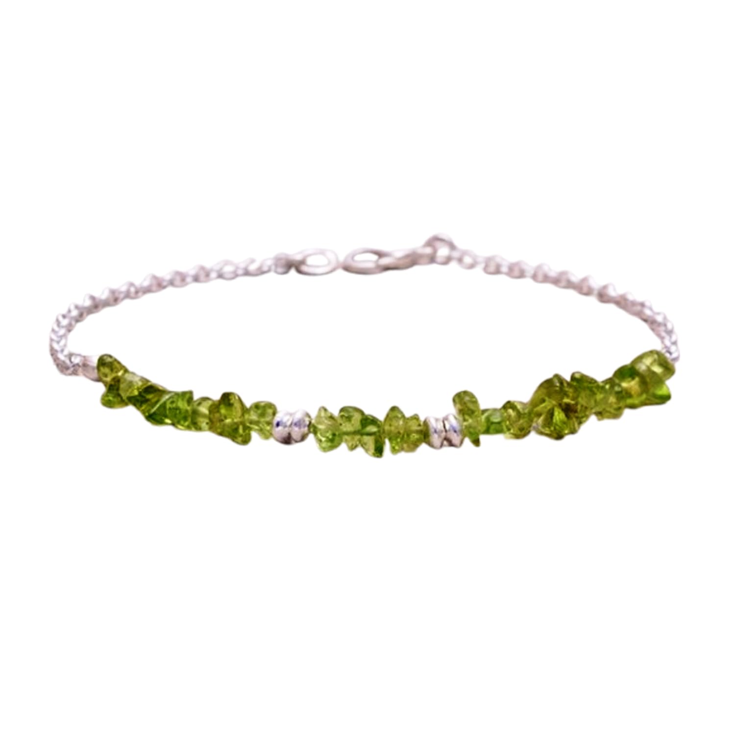 Peridot Nugget Beaded Bracelet – Uncut 2-4mm Green Stones with Silver Lock – 7 Inch Adjustable link Bracelet for Men & Women|LCBR_RR_05278