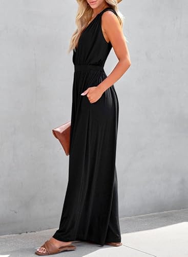Dokotoo Jumpsuit For Womens Dressy Casual Wrap V Neck One Piece Resort Wear 2024 Sleeveless Long Romper Open Back Elastic Waist With Pockets Outfits For Summer,Black Xx-Large thumb #2
