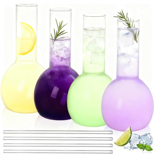 Acshio 4 Pack Creative Cocktail Glasses, 15 Oz Tube Shaped Martini Glass with Straws, Unique Clear Fancy Drinking Wine Glasses for Mixed Drinks, Champagne, Bar, Party, Home Decor
