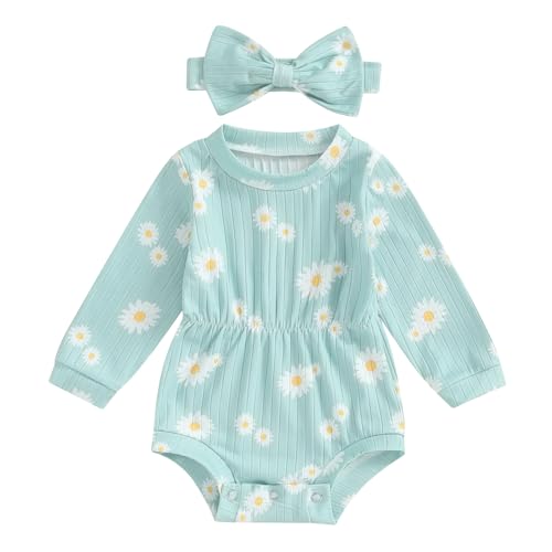 Image of Hnyenmcko Newborn Baby Girl Romper Daisy Long Sleeve Bodysuit Floral Jumpsuit with Headband Infant Fall Clothes 0-18M