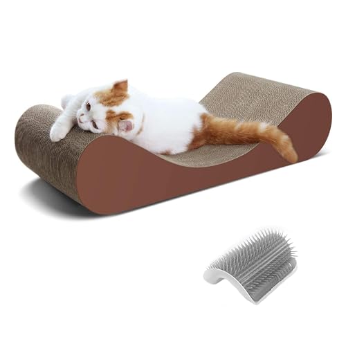 Image of FluffyDream Bone Cat Scratcher Cardboard Lounge Bed, Cat Scratching Post, Durable Board Pads Prevents Furniture Damage and Groomer Brush