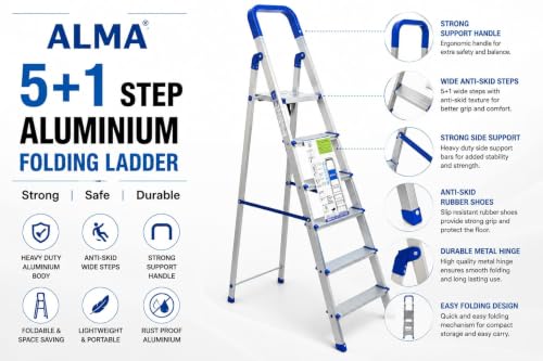 Image of Heavy-Duty 6-Step Aluminium Folding Ladder with Safety Hand Railing | Anti-Slip Wide Steps | Lightweight Foldable Ladder for Home, Kitchen, Cleaning, Painting, Maintenance & Indoor /Outdoor Use