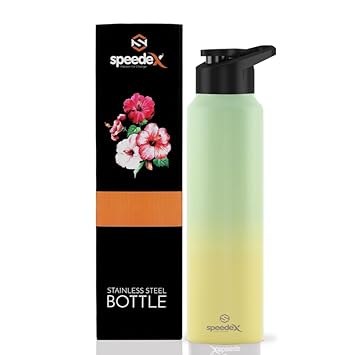Speedex Stainless Steel Yellow Green Water Bottle 1 Litre with Sipper Cap | Leak Proof & BPA Free | Fridge Safe Bottle for School, Gym, Office | For Boys, Girls, Men, Women, Kids - image, photos