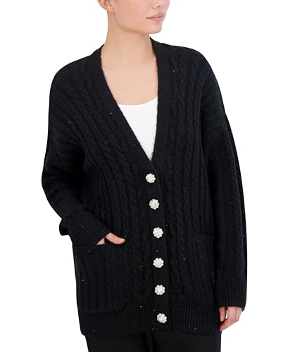 BCBGMAXAZRIA Women's Long Sleeve V Neck Cable Cardigan Sweater
