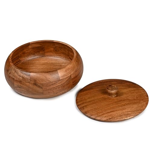 Image of Acacia Wood Roti & Casserole Box (Size: 9 Inch Diameter) | Food-Grade Wooden Bread Storage Container for Roti, Chapati & Breads