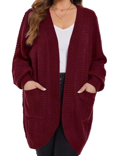 Image of MONNURO Womens Plus Size Open Front Cardigan Waffle Knit Long Sleeve Sweaters Tops Fall Coat Outerwear with Pockets