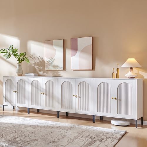Image of IFGET Modern Buffet Cabinet with Storage, 123.5 inch W Fluted Arched Sideboard Cabinet w /Adjustable Shelves, Wooden Modular Coffee Bar for Dining Room, Kitchen, Living Room, Entryway, White