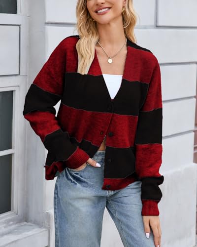 Image of YEXPINE Unisex Striped Cardigan Sweaters Open Front Long Sleeve Oversized Button V Neck Knit Outwear