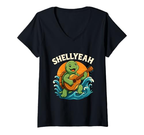 Mujer Guitarra Shellyeah Turtle con divertido diseño de animales marinos Camiseta Cuello V