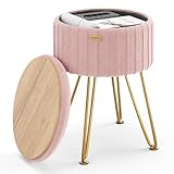 STORAGEBUD Round Ottoman with Storage, Pleated Velvet Storage Ottoman, Foot Stool Ottomans, Makeup Vanity Stool, Small Ottomans Foot Rest, Modern Vanity Stools for Living Room and Bedroom, Pink