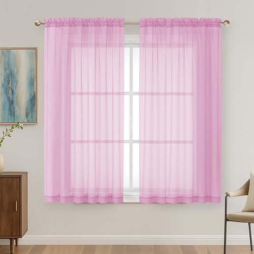 Image of OVZME Light Pink Sheer Curtains 63 Inches Long 2 Panels Set, Light Filtering Sheer Curtains for Living Room Bedroom 59 Inch Extra Wide, Modern Voile Filmy Rod Pocket Window Drapes, 59Wx63L Inches