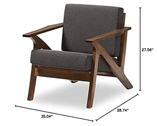 Baxton Studio Genie Mid-Century Modern Wood Grey Fabric Living Room 1-Seater Lounge Chair, Walnut #TOP4