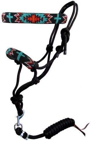 Showman Turquoise & Red Navajo Cross Beaded Nose Cowboy Knot Rope Halter w/ 7' Lead