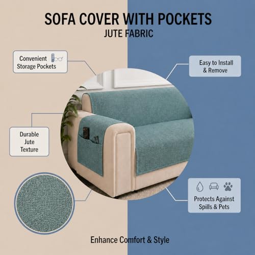 Image of STITCHNEST 'ComfyNest Series' 1 Seater Sofa Cover | Full Coverage with Armrest Pocket | Elegant Jute Fabric, Washable & Durable for Modern Living