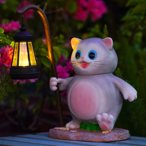 Solar Garden Outdoor Statues Cat with LED Solar Lantern Figurine for Lawn,Patio, Balcony, Yard Decor Unique Housewarming Gift,Mother's Day Gift for Mom, Grandma,Father,Woman