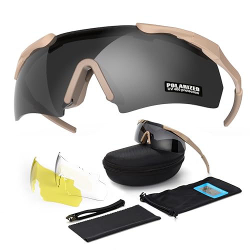 EMSECKO Gafas de airsoft, gafas tácticas con protección balística y protección UV con 3 lentes intercambiables, revestimiento antivaho y diadema ajustable (Caqui)