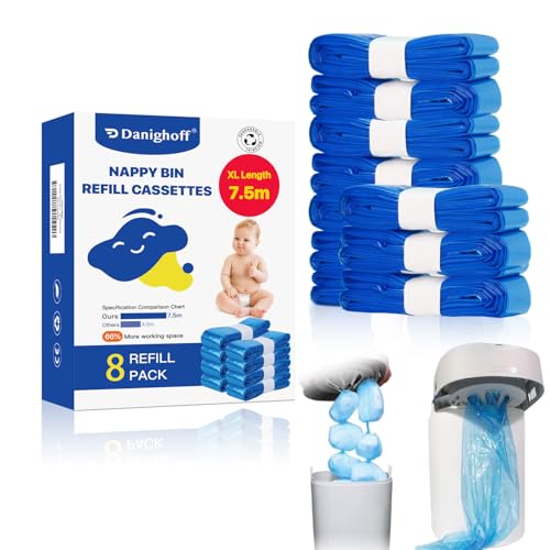 Nappy Bin Refills 7.5m Extra-Long Diaper Pail Bags Compatible with Tommee Tippee Twist & Click and Sangenic TEC Bins Multi-Layer Odour-Blocking Refill Liners for Nappy Disposal (8Packs)