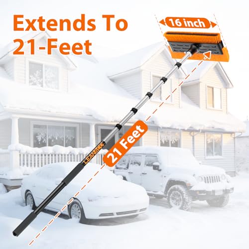 Year-Round Roof Rakes for Snow, Leaves & Moss – 16” No-Scratch Foam Blade & Roof Brush, 4.7-21ft Telescoping Snow Rake for Roof, Solar Panels, RVs & Cars, C-Shaped Push/Pull Roof--Patent Pending - Thumbnail 6
