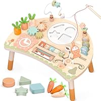 Hewaurorion Baby Activity Table Toys for 1+ Year Old, 9-in-1 Wooden Montessori Toy Busy Board for Kids with Shape Sorter Bead Maze, Toddler Sensory Learning Toys Age 12+ Months, 1st Birthday Gifts