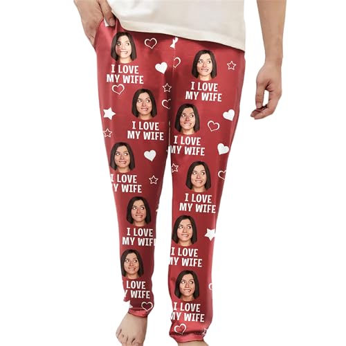 LASFOUR Personalized Valentines Pajama Pants for Men, I Love My Wife, Girlfriend, Boyfriend Pajama Pants Custom Photo