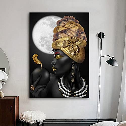 Affiche femme africaine d'art scandinave en toile haut de gamme noire et dorée 50x70