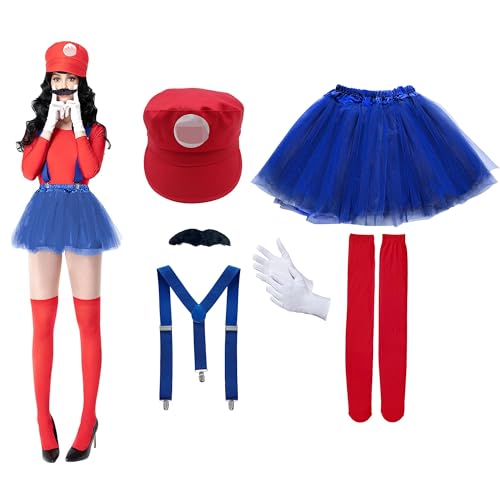 Pack 6 Disfraz Super Brothers, Gorra de Mario fontanero barba Negro Tirante Falda Calcetines, Traje Conjunto Classic para Mujer Carnaval y Cosplay, Color Rojo o Verde (Red, Talla única)
