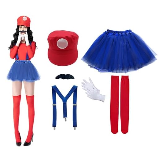 Pack 6 Disfraz Super Brothers, Gorra de Mario fontanero barba Negro Tirante Falda Calcetines, Traje Conjunto Classic para Mujer Carnaval y Cosplay, Color Rojo o Verde (Red, Talla única)