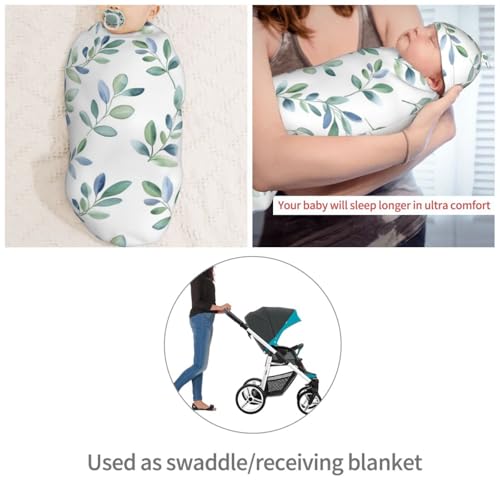 Image of Watercolor Sage Green Blue Leaf Swaddle Blanket with Beanie Hat Set Newborn Swaddle Wrap Soft Baby Receiving Blankets Baby Swaddle Blanket for Baby Boys and Girls
