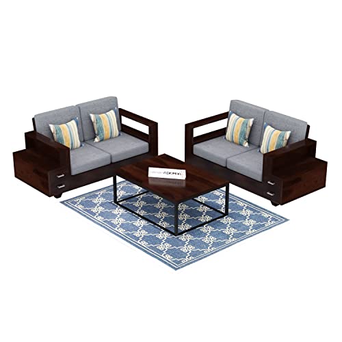 Image of Sheesham Wood 4 Seater Sofa Set with 2 Drawer Storage | 2+2 Wooden Sofa Set Furniture for Living Room Home Office (Walnut Finish)